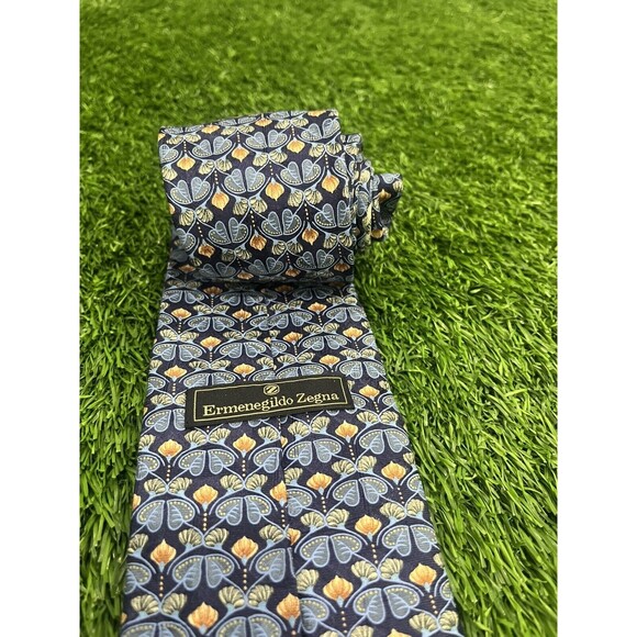 ERMENEGILDO ZEGNA Men's Tie Blue Gold Geo 57L 3.5W ITALY EUC MINT! Retail-$175 - Picture 10 of 14